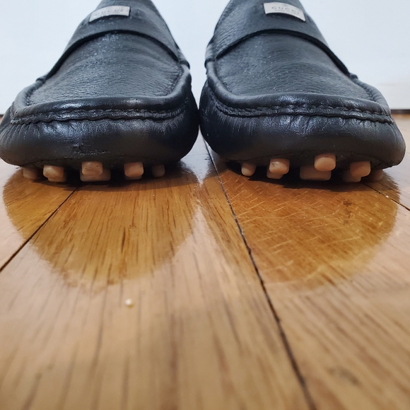 Gucci Black pebbled Leather Slip-On Loafers silver logo plaque 10 G 10.5 US Damo - Picture 5 of 14